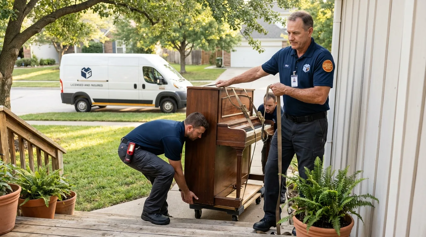 Licensed piano movers securing grand piano in Chariton, IA