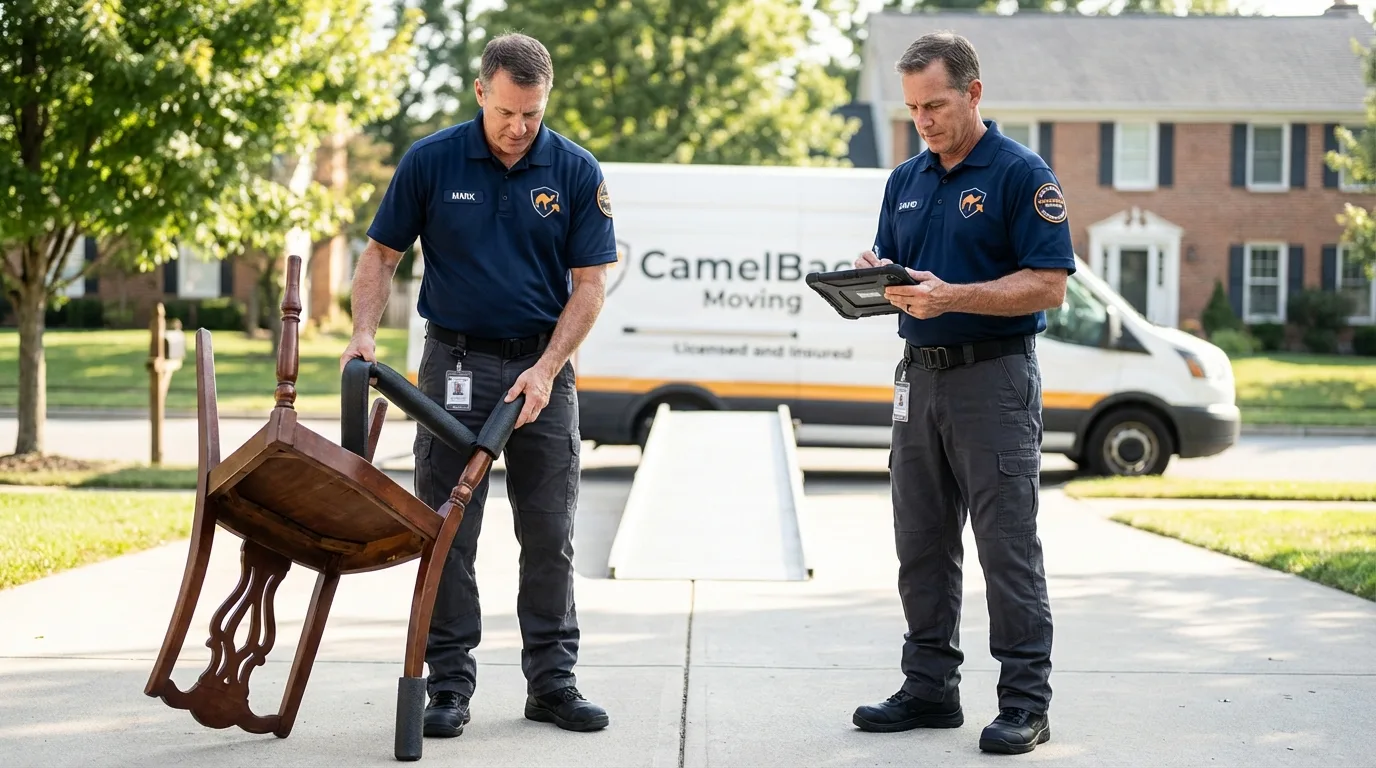 Movers inspecting furniture for damage prevention before loading in Chariton, IA